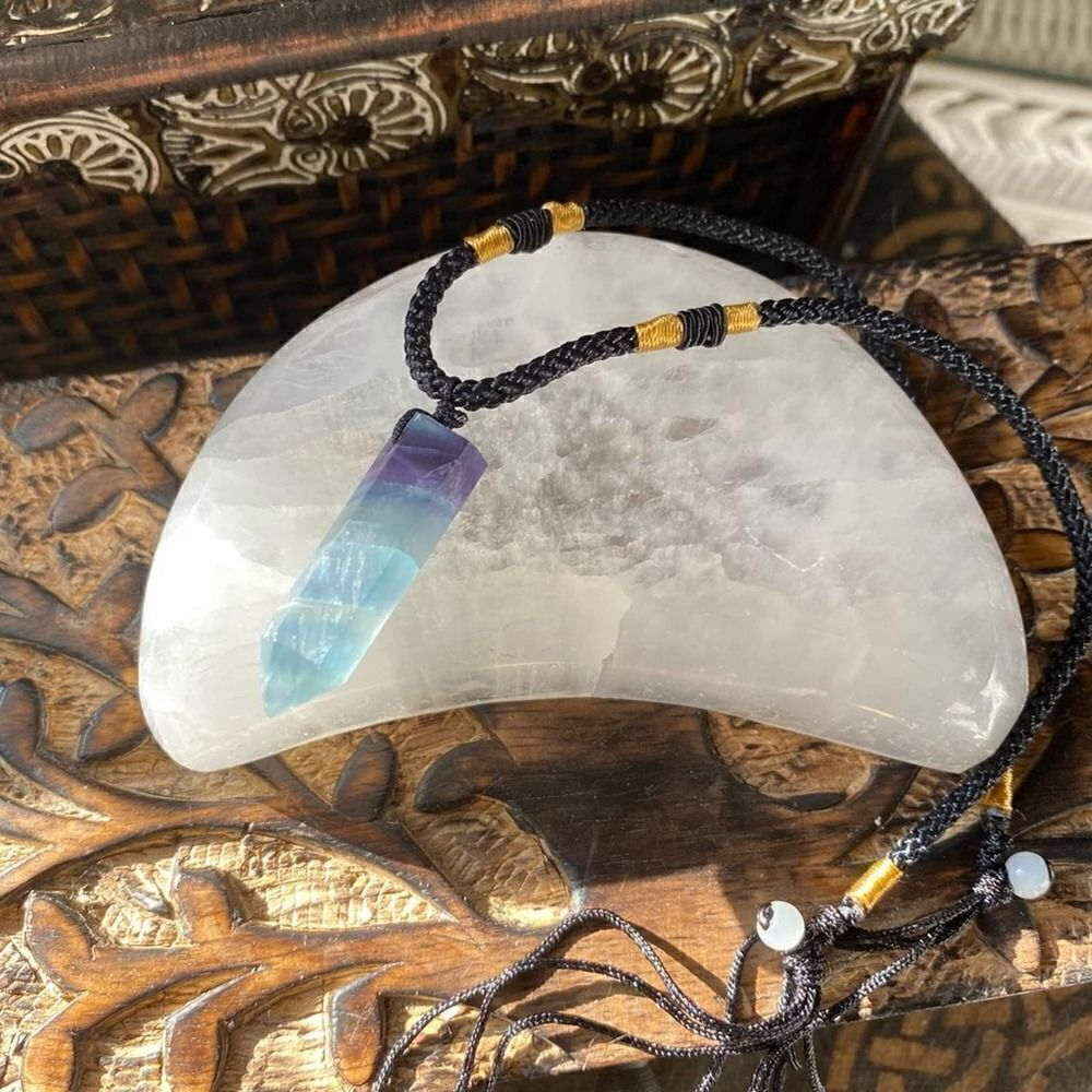 Fluorite Point Wand Pendant Necklace Adjustable Cord Unisex